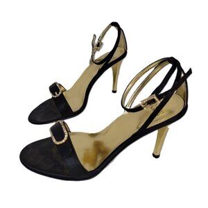 Franco Sarto L-Gabor Black Satin Open Toe Heels Gold W/Rhinestones Size 6.5